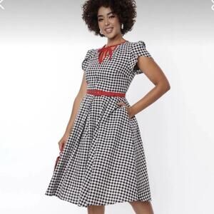UNIQUE VINTAGE 1950s Black & White Gingham Fit & Flare Dress - Sz L Retro Pinup
